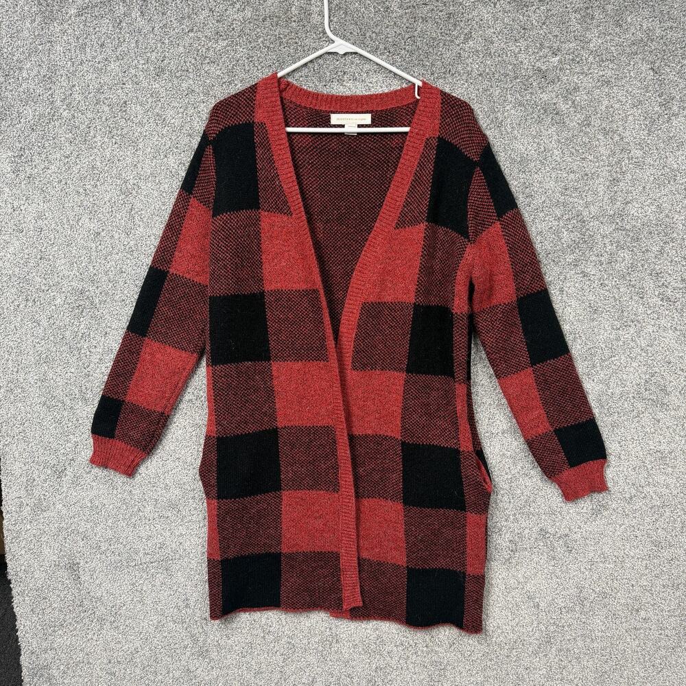 Monteau Cardigan Sweater Womens M Red Black Buffalo Plaid Open Front Cabincore